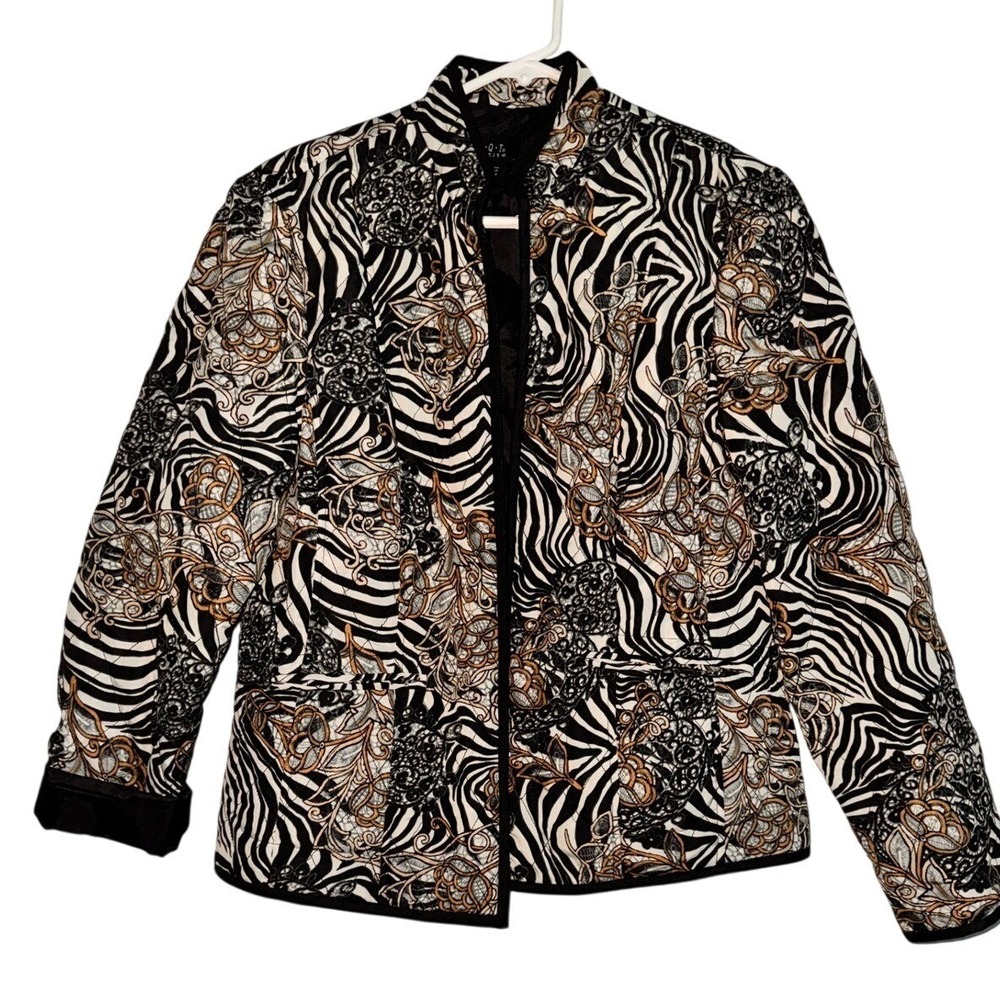 RQ-T Petite Jacket Women‎ PM Black White Gold Zebra Floral Quilted Bomber Style